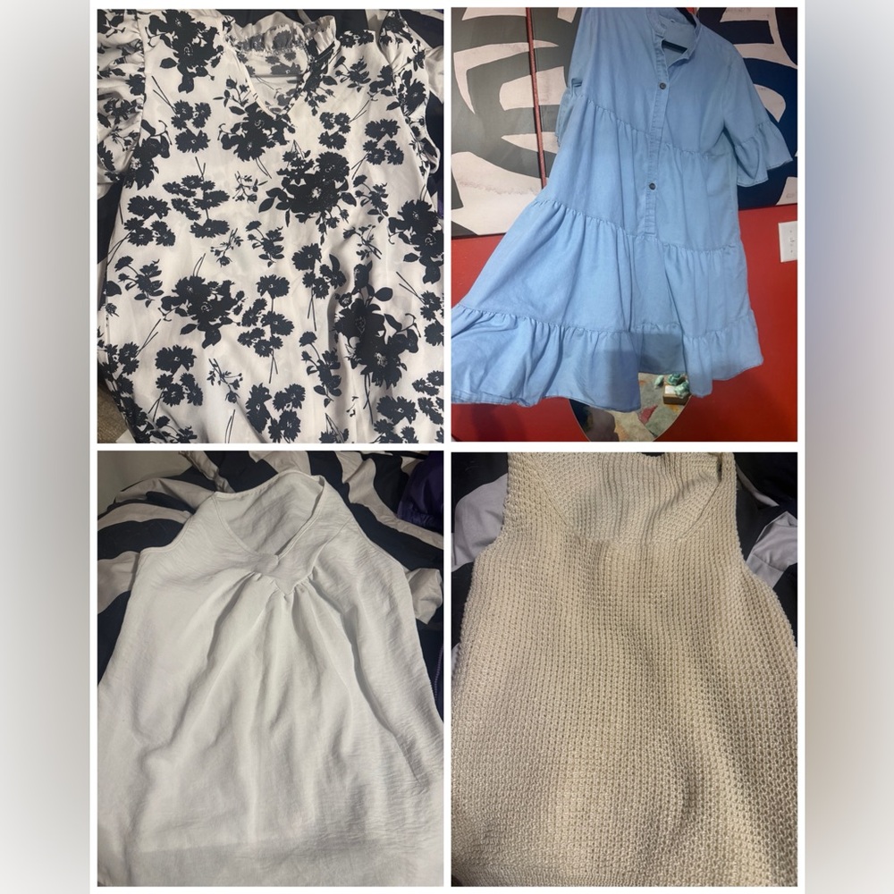 Lot of denim dress, sweater tank, floral blouse and white blouse all sz medium